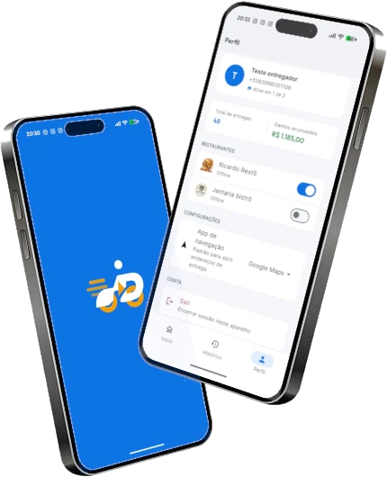 App do Entregador DineLink em dois celulares (perfil e entregas)